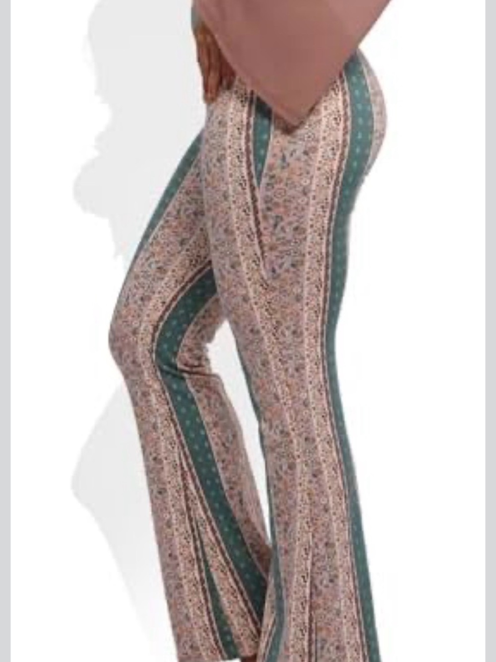 shosho Teal and Beige Striped Floral Flare Pants - Picture 2 of 7